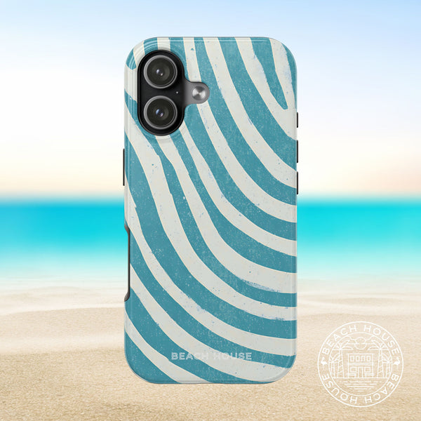 Holmes Beach Tough Case for iPhone 17 with blue and white striped pattern on a beach background