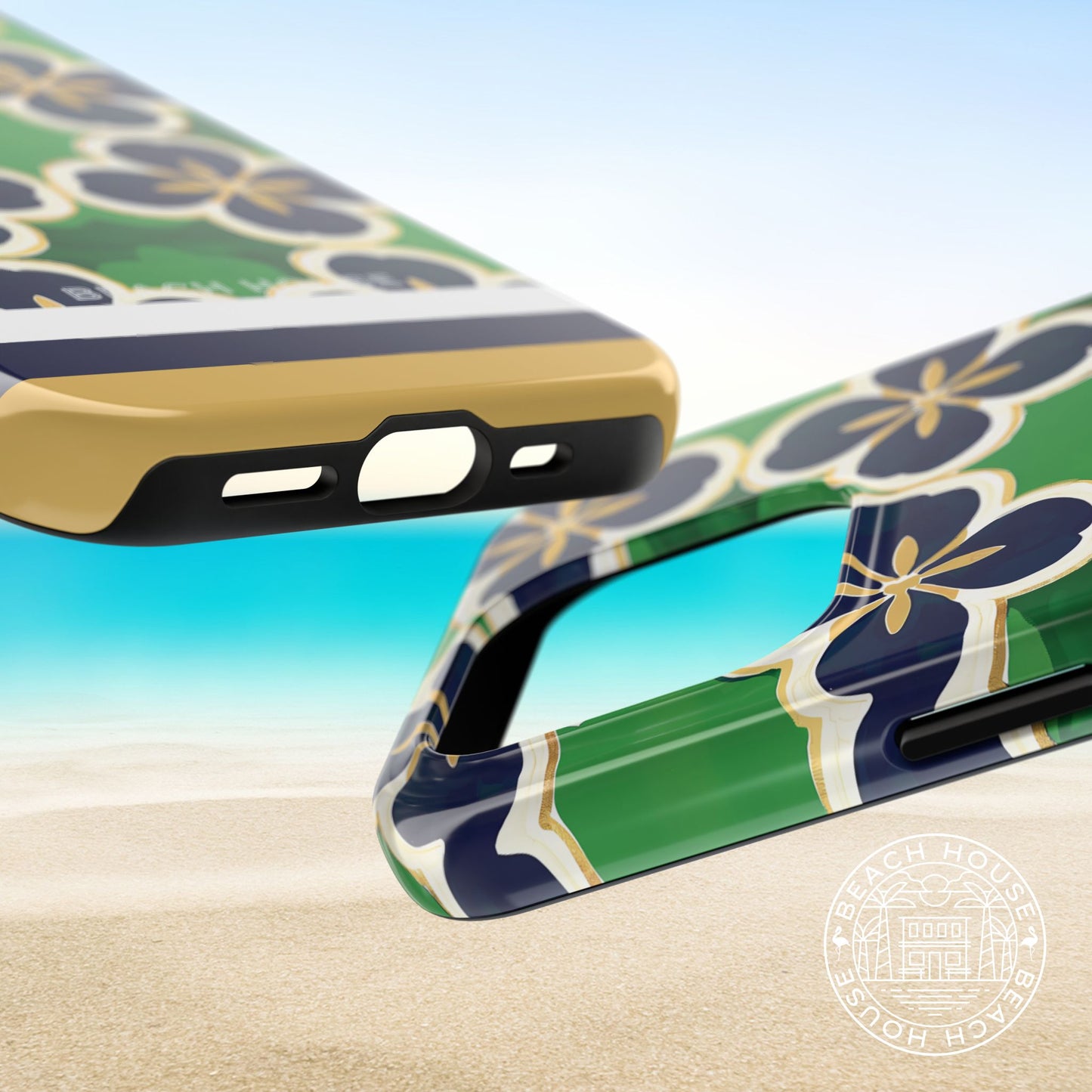 Top and bottom view South Bend Tough Case for iPhonewith floral design on a beach background