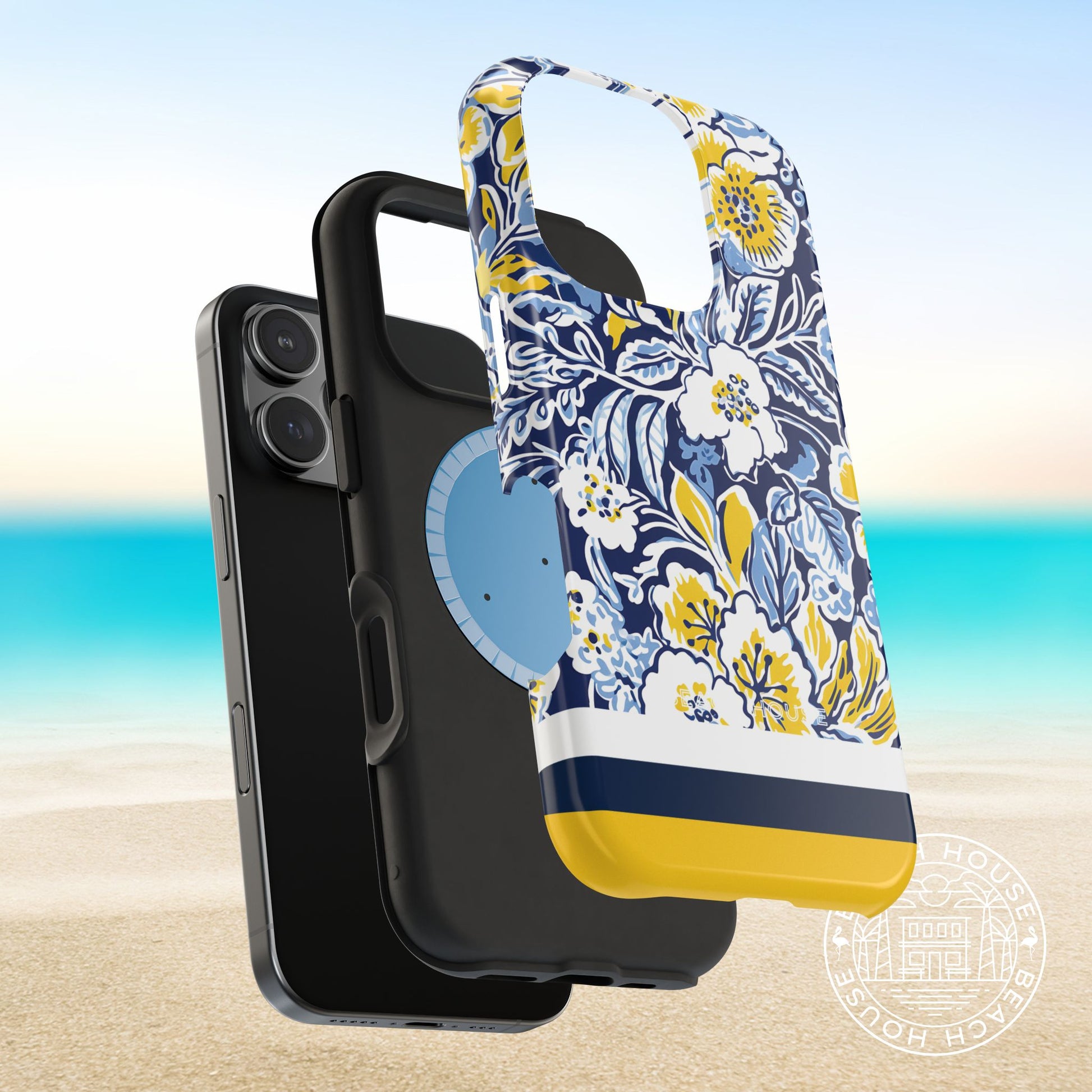 MagSafe compatible iPhone case with superior protection with a floral design on a beach background