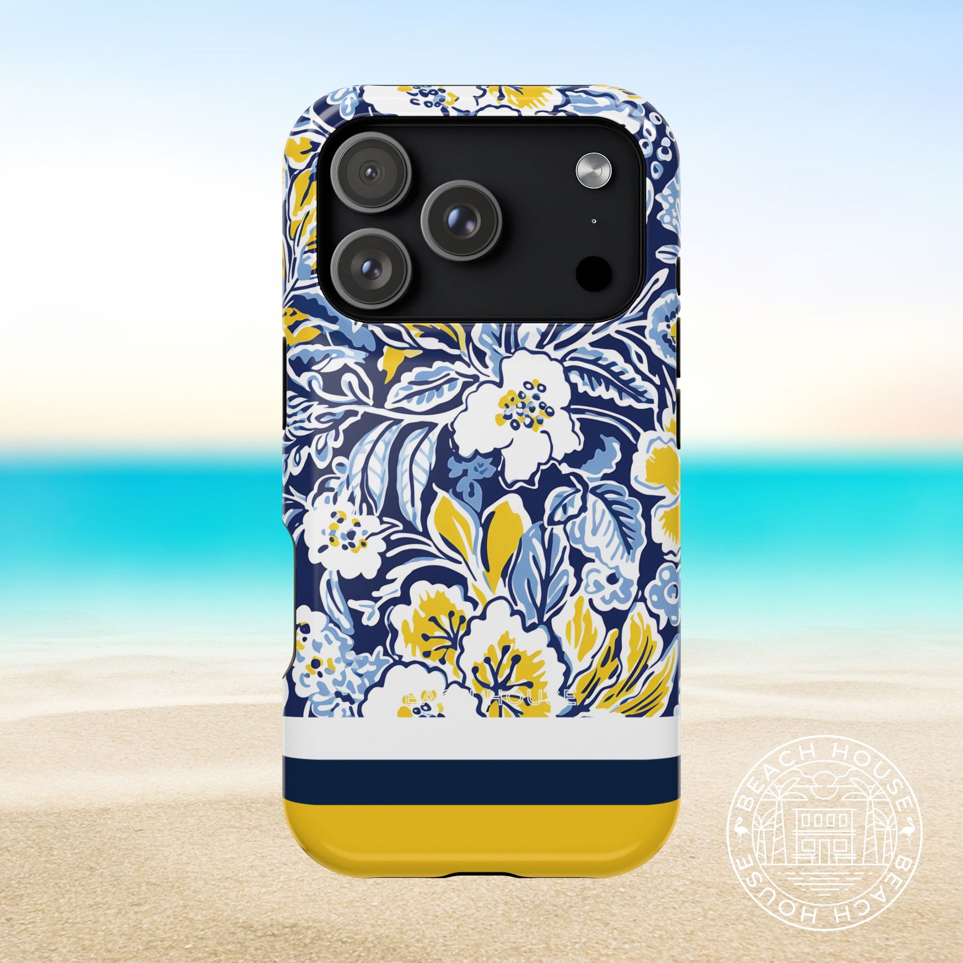 Ann Arbor MagSafe Tough Case for iPhone 17 Pro with floral design on a beach background