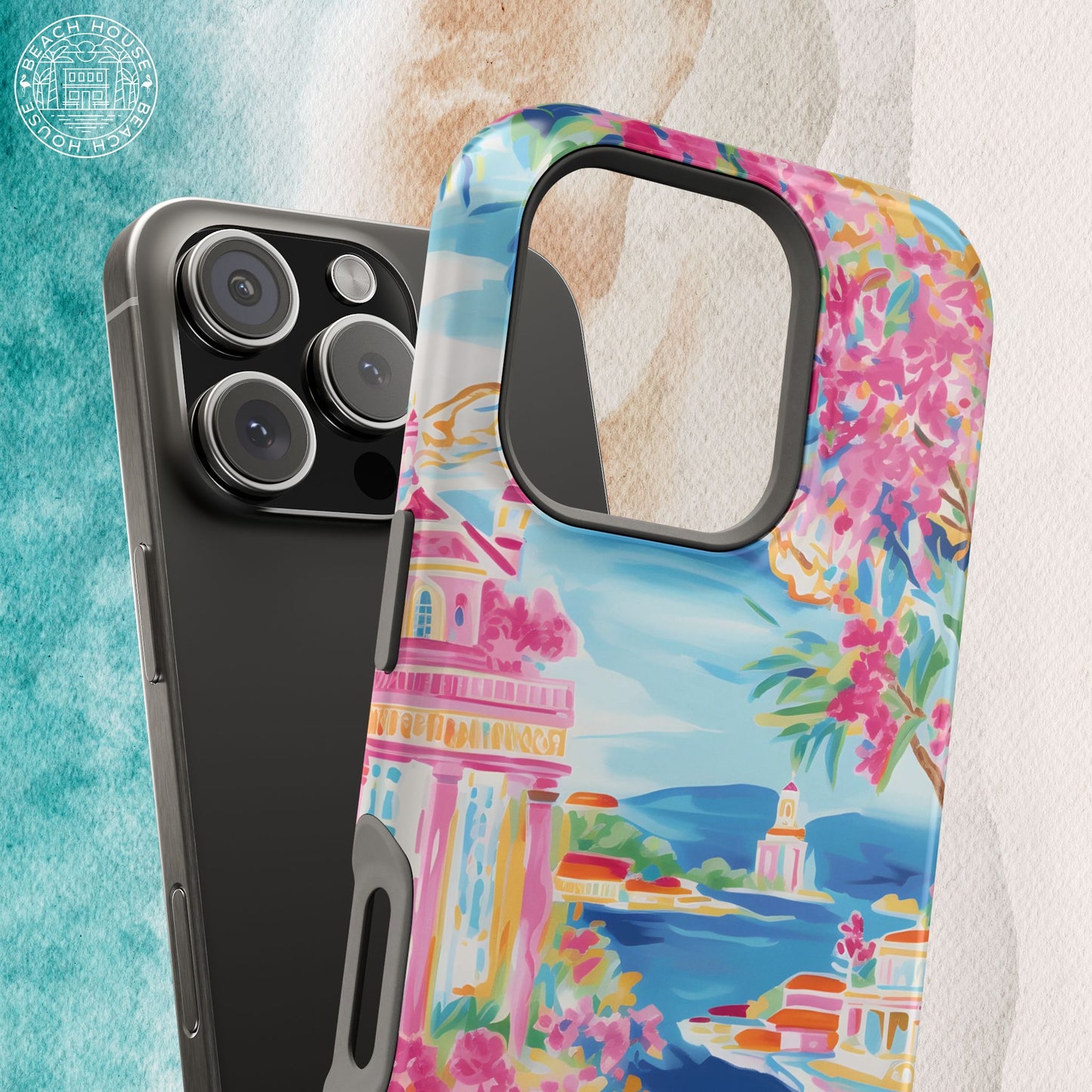 Positano MagSafe Tough Case for iPhone with colorful Mediterranean scene design on a textured surface