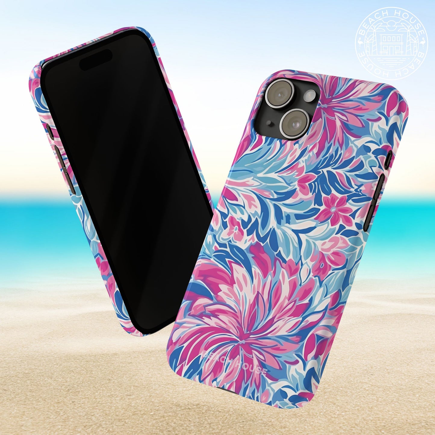 Front and back view of Destin Slim Case for iPhone on a beach background