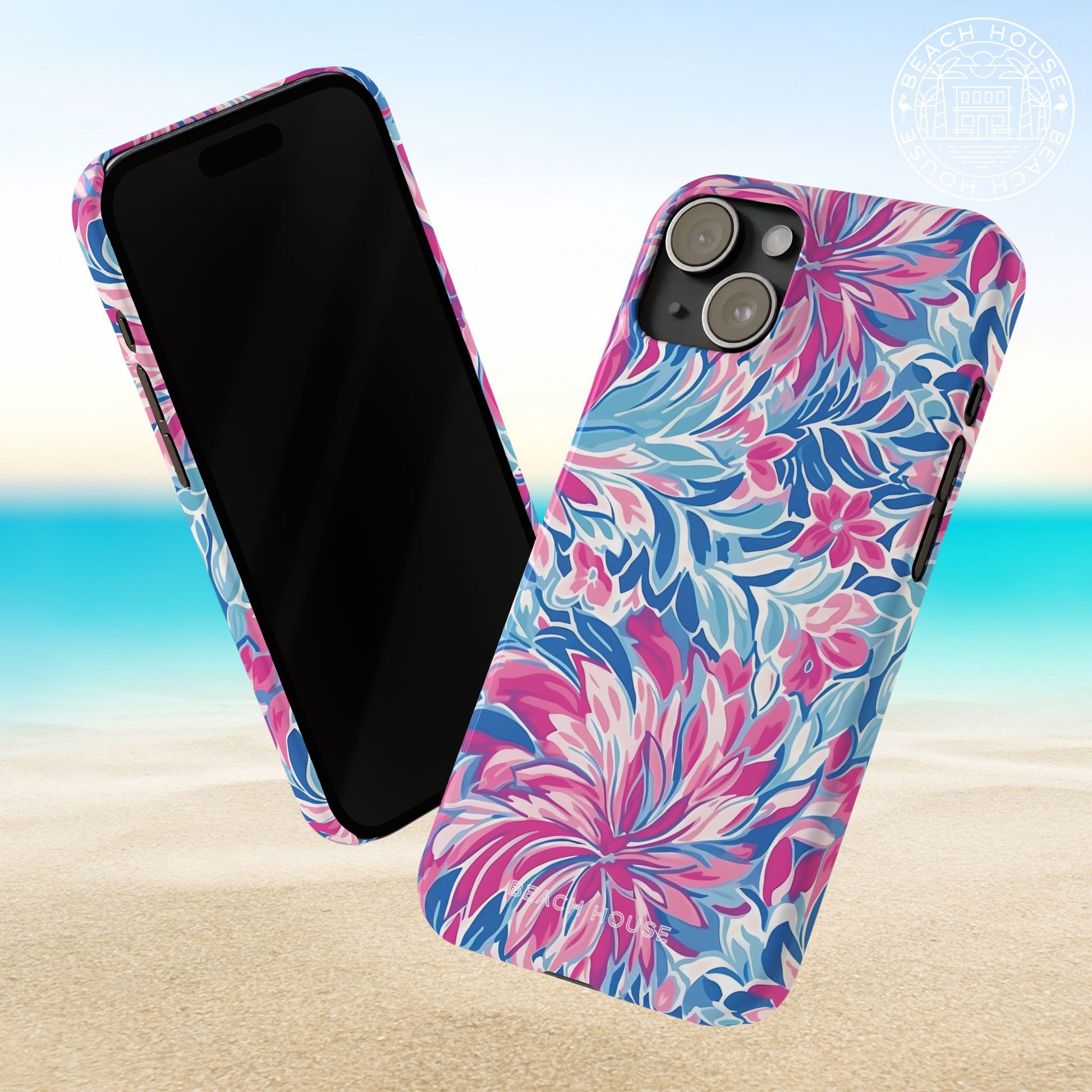 Front and back view of Destin Slim Case for iPhone on a beach background
