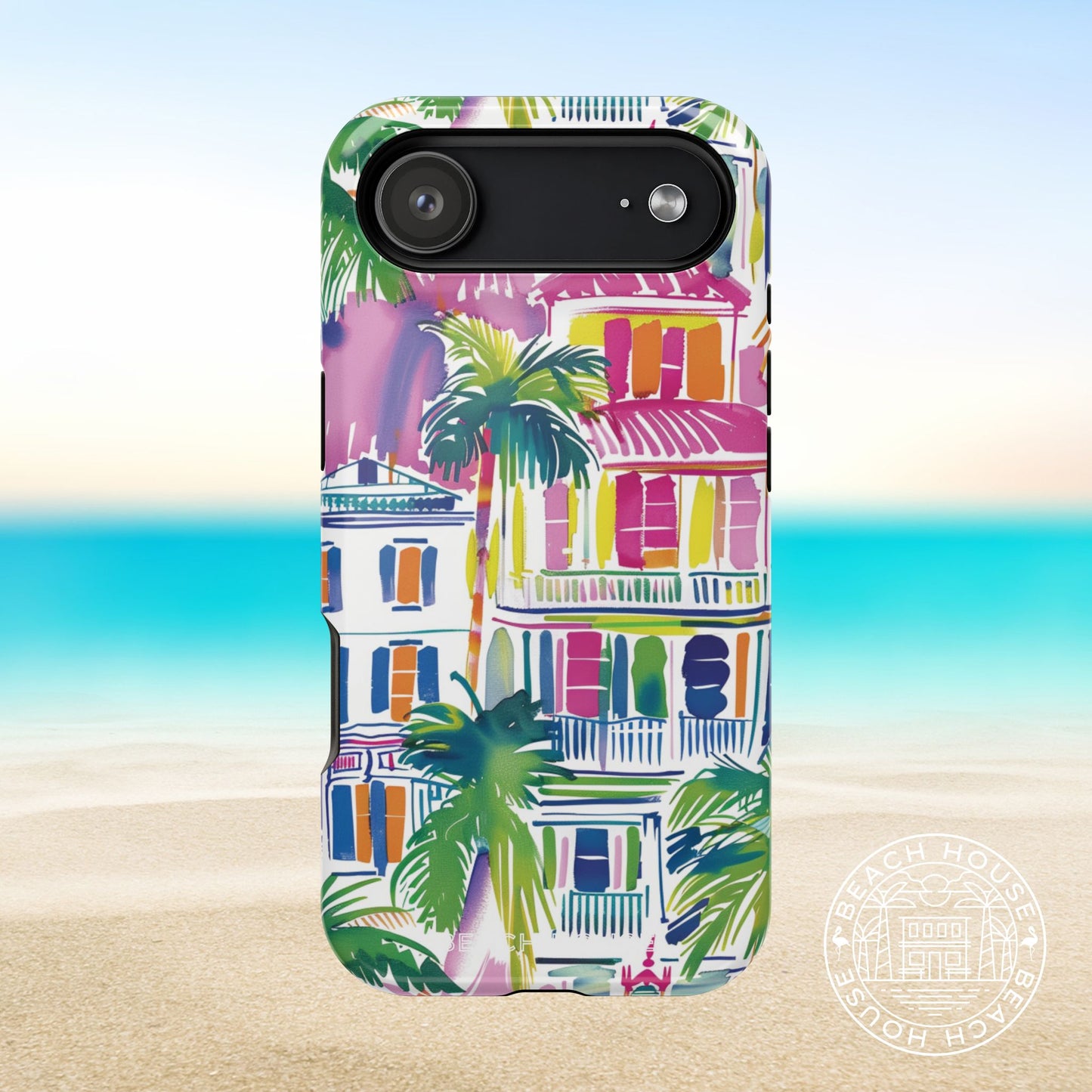 George Town MagSafe Tough Case for iPhone 17 Air with pretty building and palm tree design on a beach background