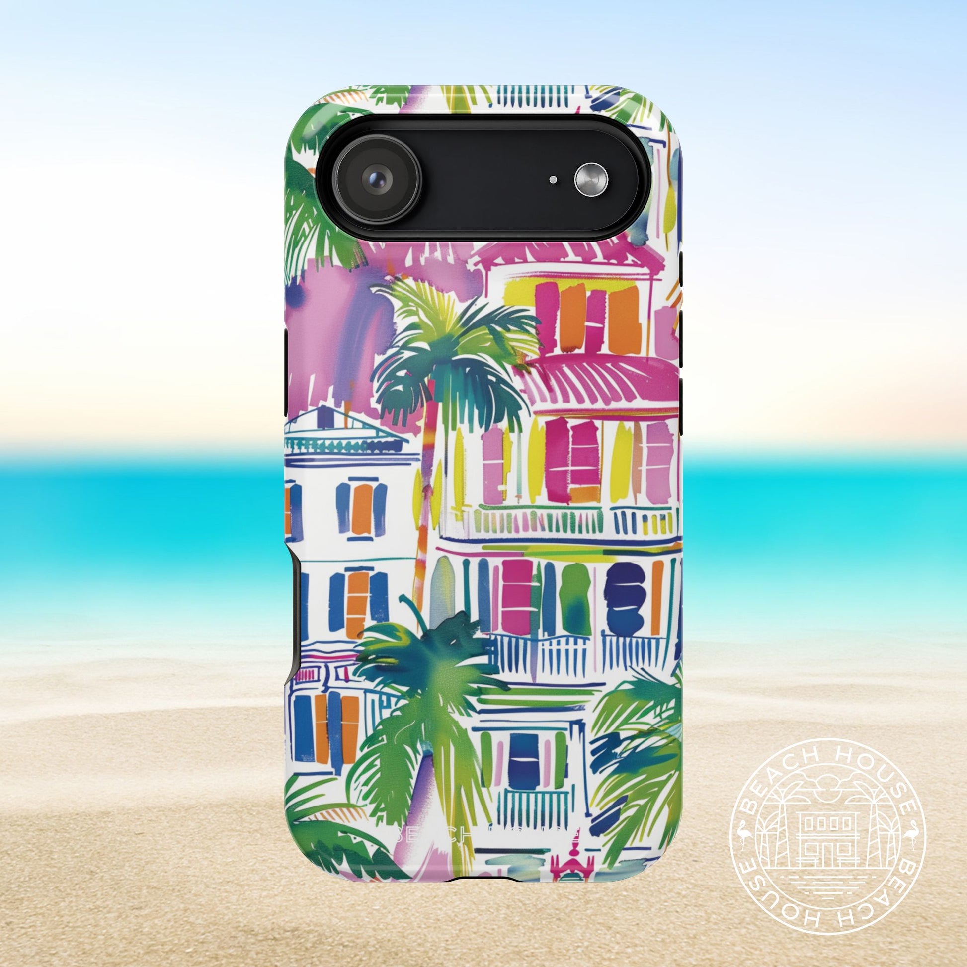 George Town MagSafe Tough Case for iPhone 17 Air with pretty building and palm tree design on a beach background