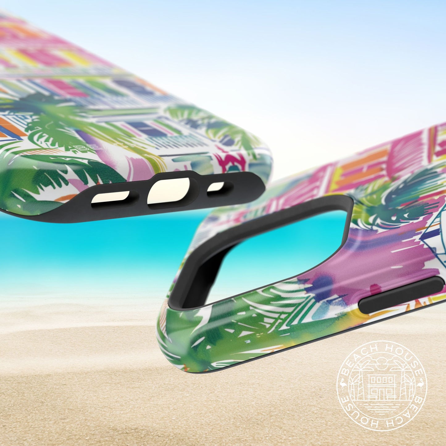 Top and bottom views of the George Town MagSafe Tough Case for iPhone on a sandy background