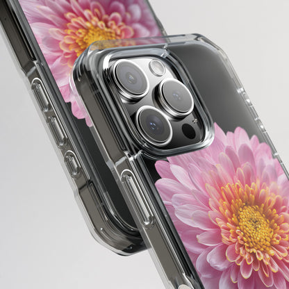 Phone case with camera lens and floral design on a clear background