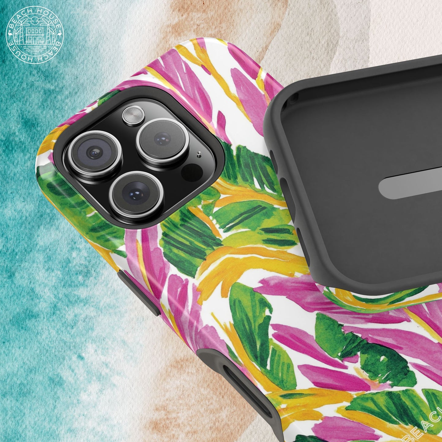 Interior and exterior view of the Naples MagSafe Tough Case for iPhone on a textured surface