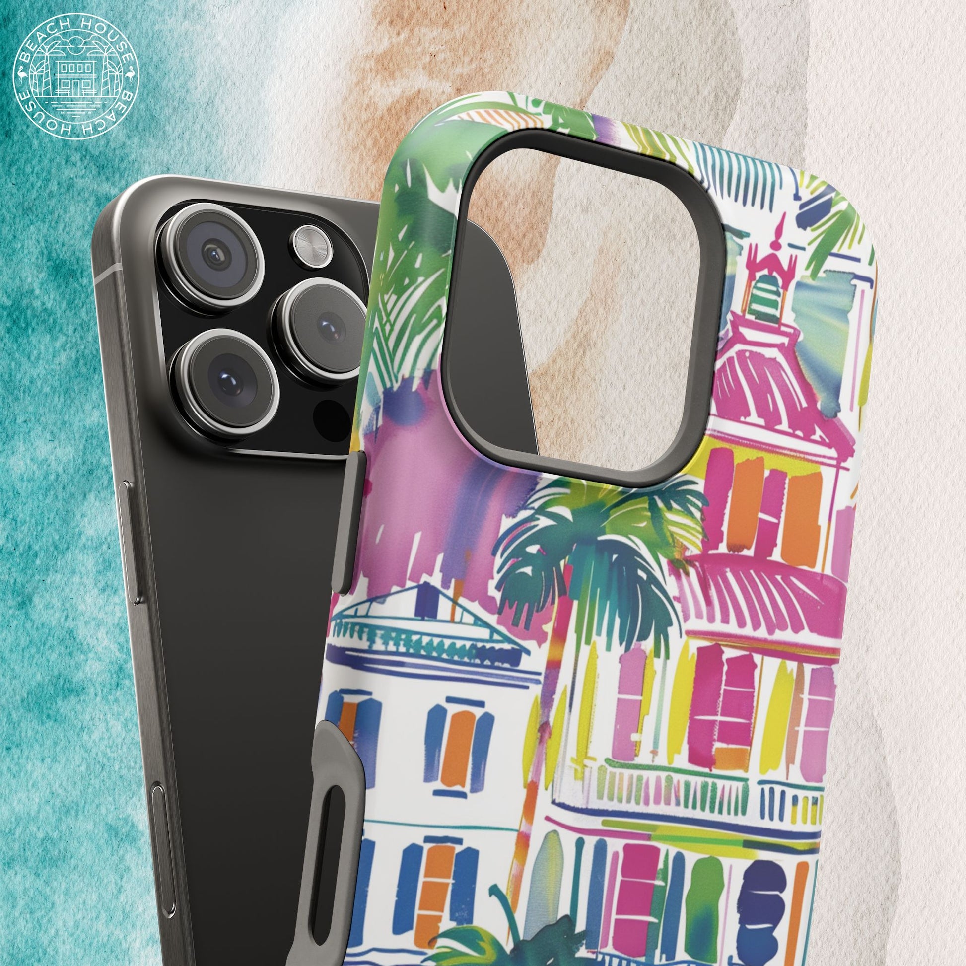 George Town MagSafe Tough Case for iPhone with tropical building and palm tree design on a textured surface