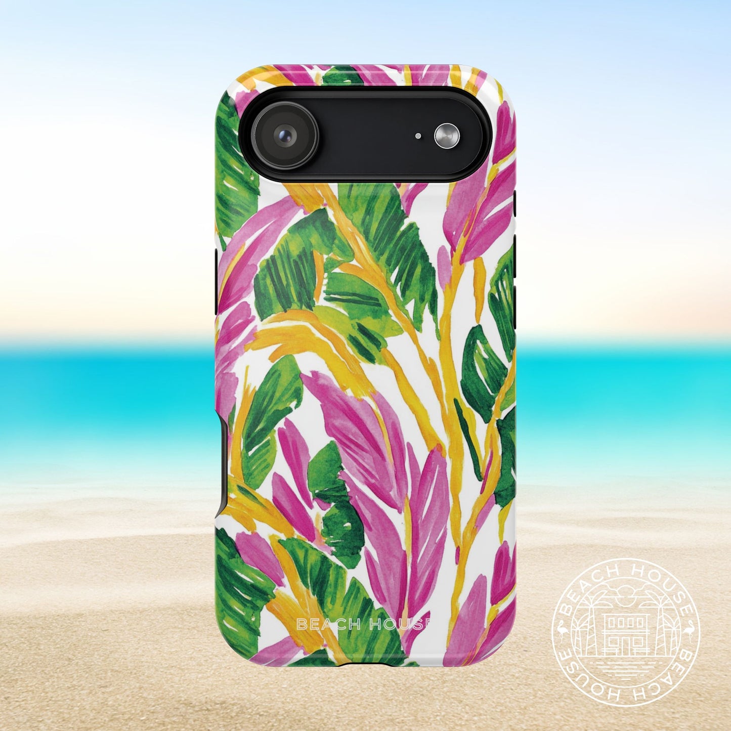 Naples MagSafe Tough Case for iPhone 17 Air with tropical leaf design on a beach background