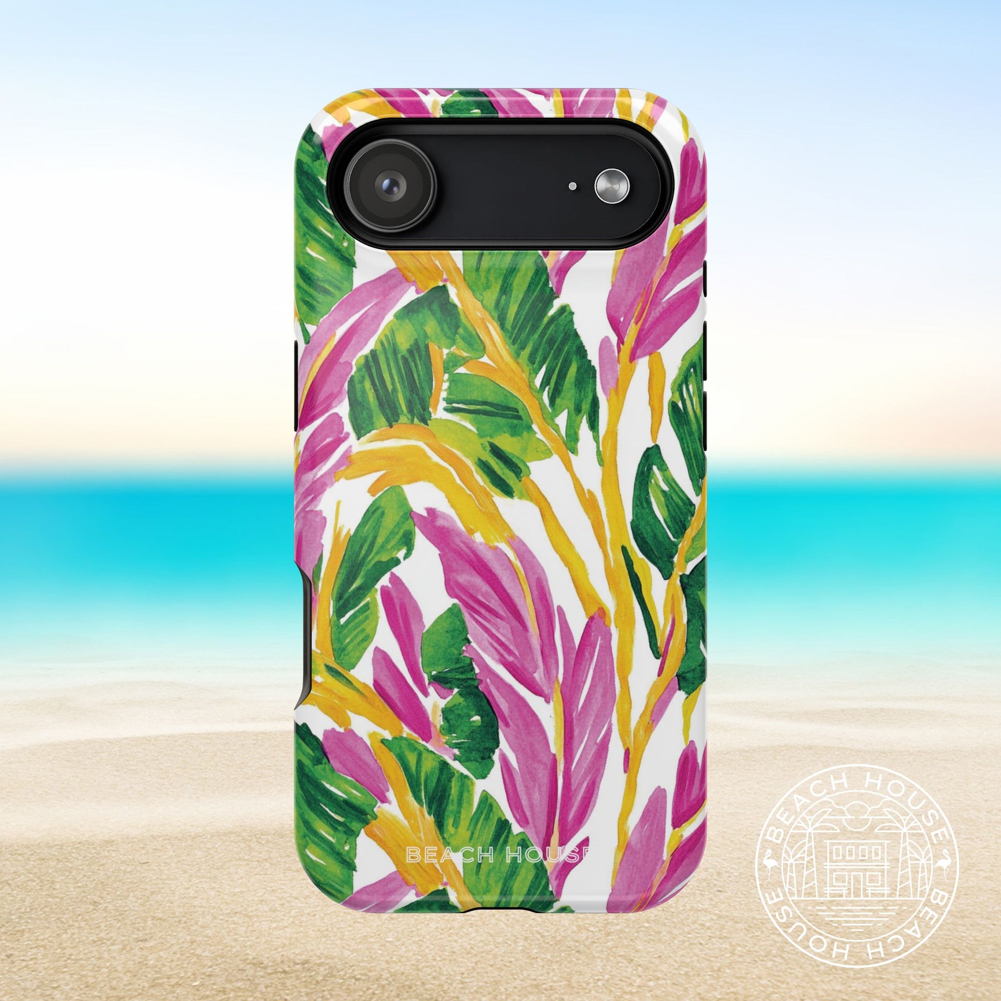 Naples MagSafe Tough Case for iPhone 17 Air with tropical leaf design on a beach background