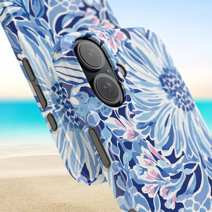 Close up views of the tropical Huntington Slim Case for iPhone with a beach background