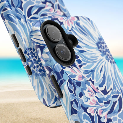 Close up views of the Huntington Tough Case for iPhone with blue and pink floral pattern on a beach background