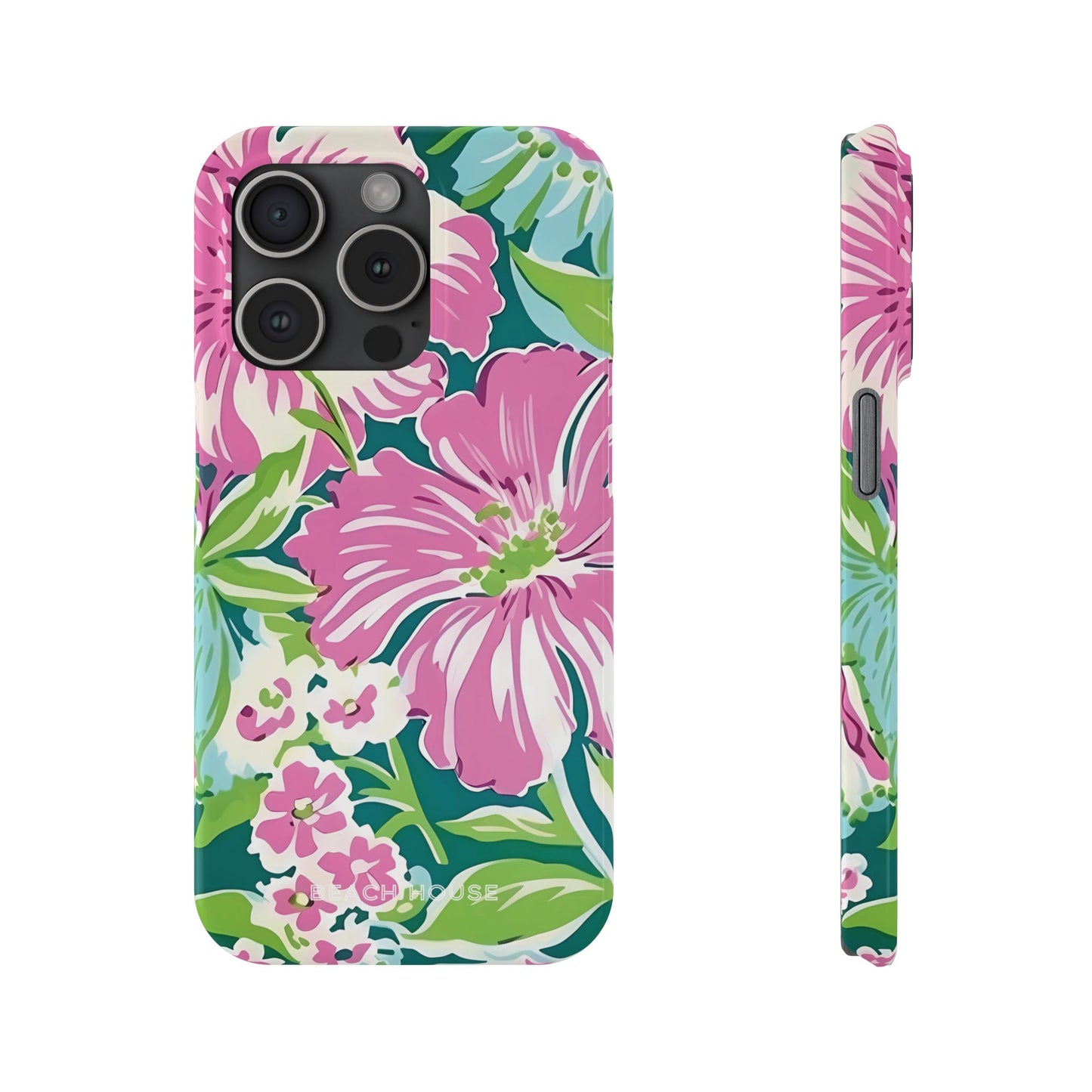 Front and side view of the Seaside Slim Case for iPhone with pink floral design on a white background