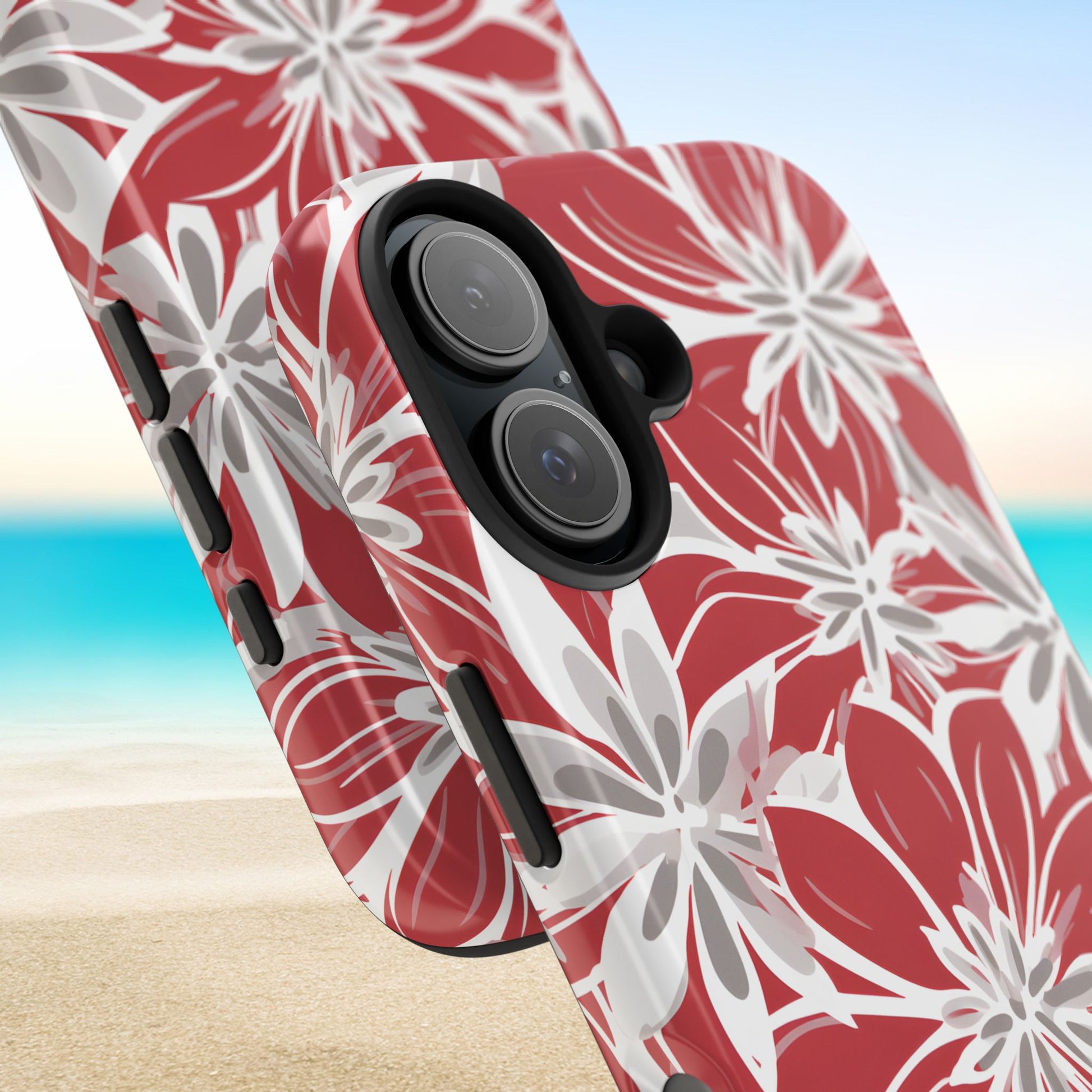 Columbus Tough case for iPhone with red and white floral pattern on a beach background
