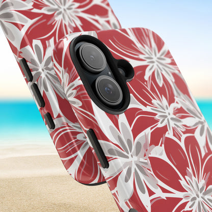 Columbus Tough case for iPhone with red and white floral pattern on a beach background