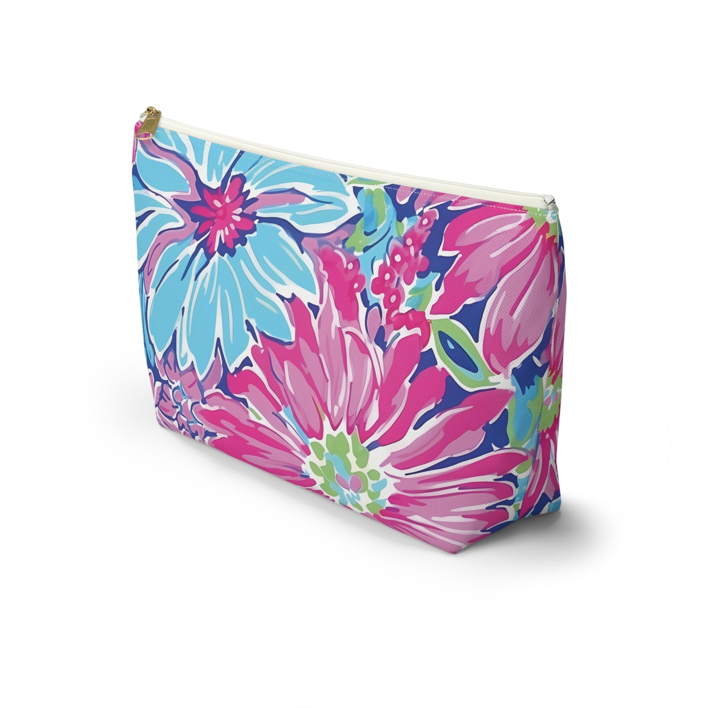 Floral patterned cosmetic bag on a white background