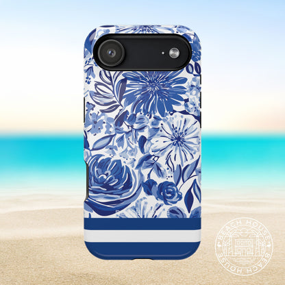Lexington MagSafe Tough Case for iPhone 17 Air with blue floral pattern on a beach background