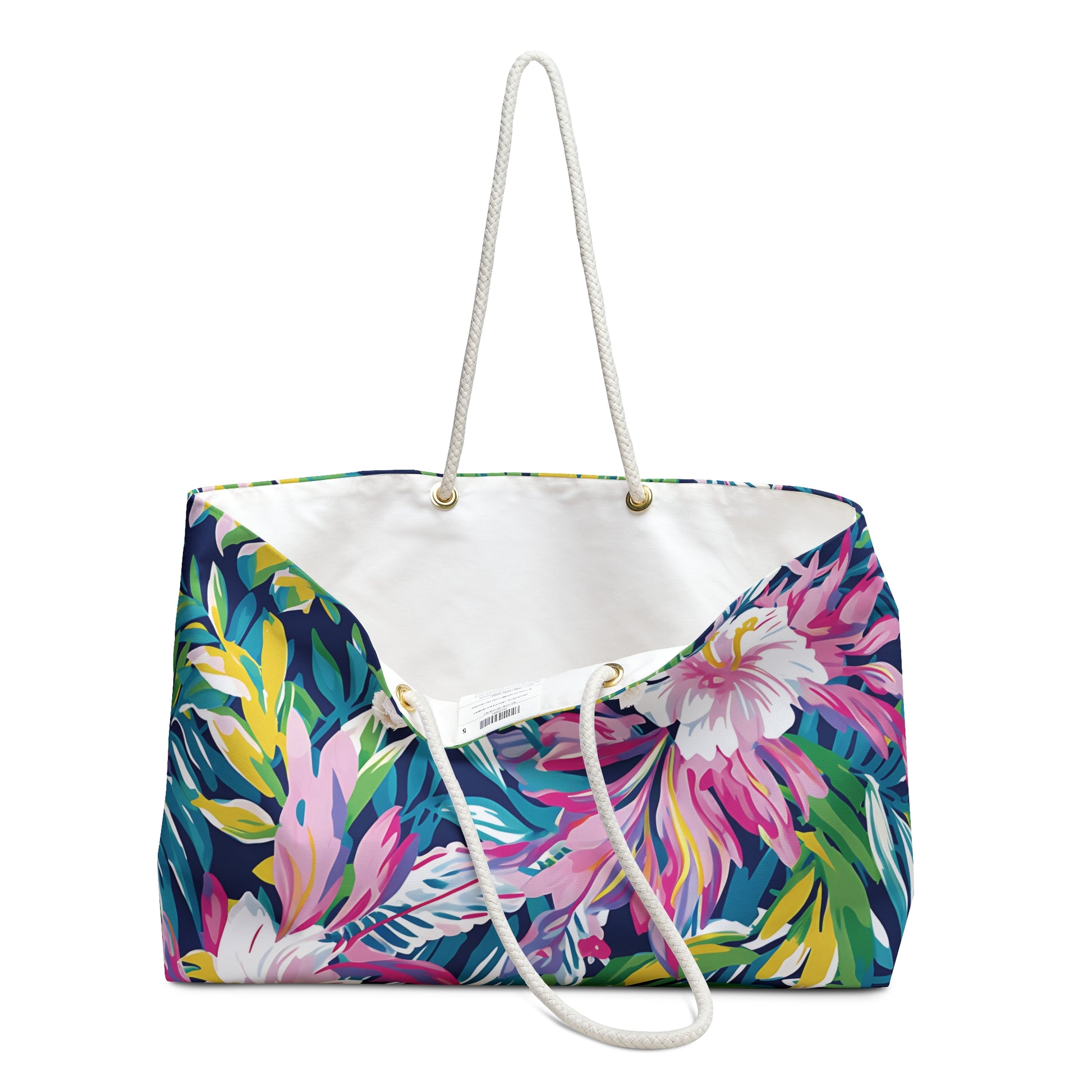 Open view of Tropical floral patterned Playa Hermosa Weekender Tote Bag with a white rope handle on a white background