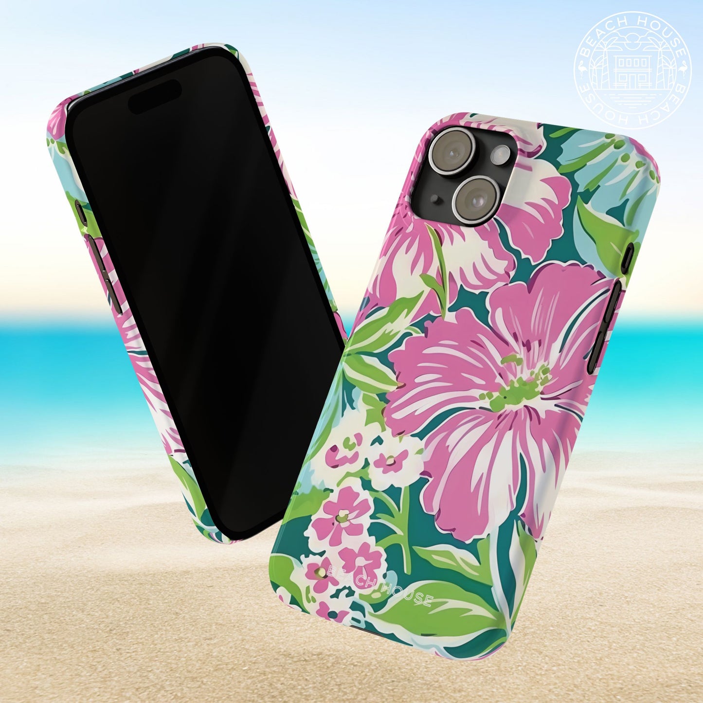 Front and back view of the Seaside Slim Case for iPhone with pink and green flowers on a beach background
