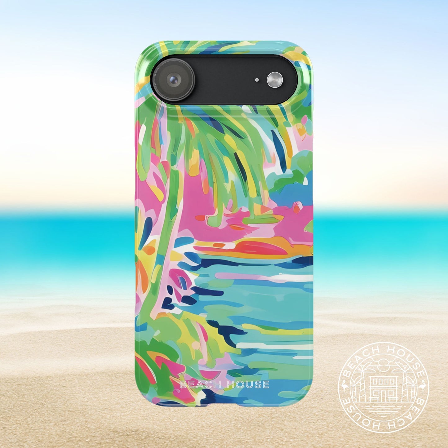 Colorful Delray Slim Case for iPhone 17 Air with palm tree design on a beach background