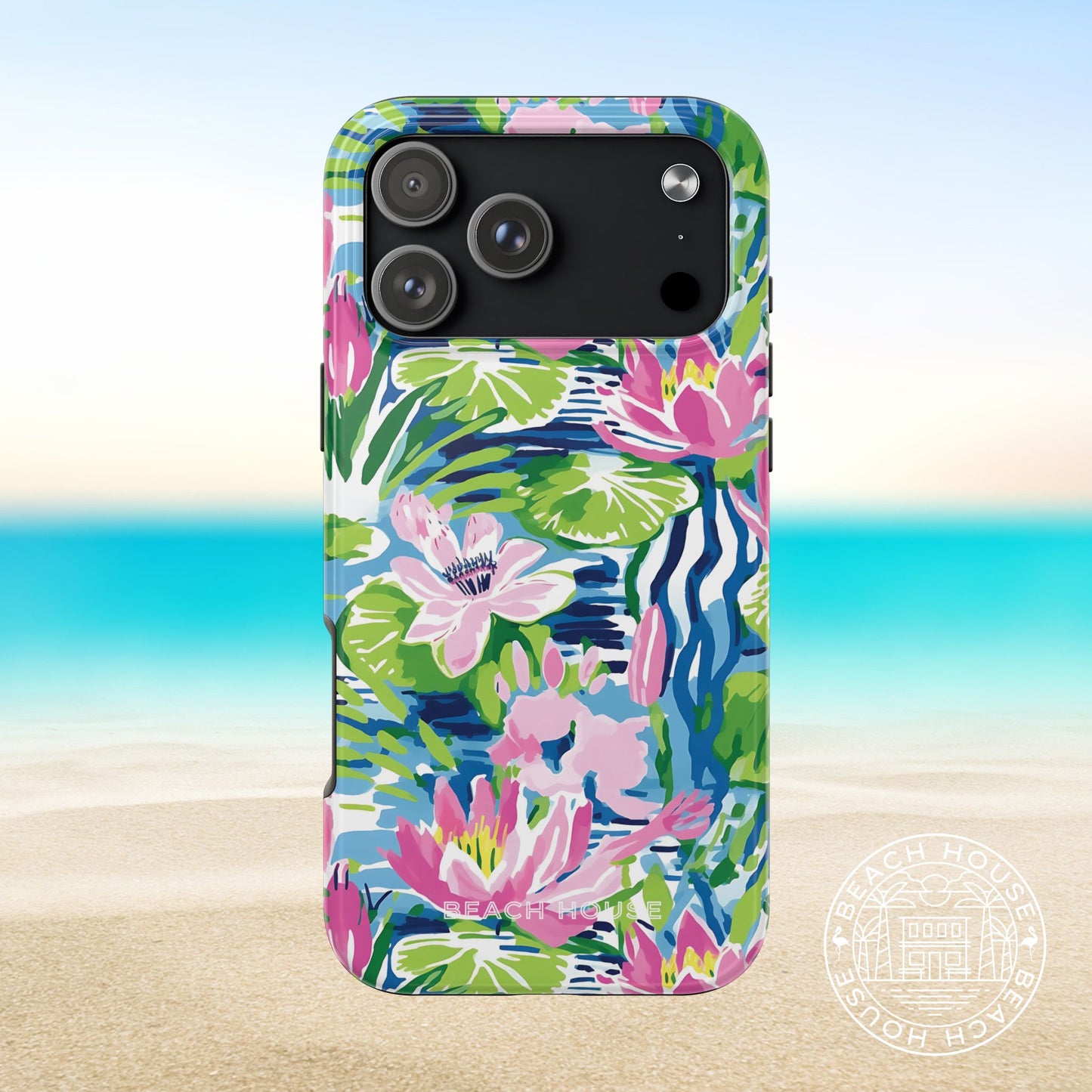Everglades Tough Case for iPhone 17 Pro Max with colorful floral design on a beach background