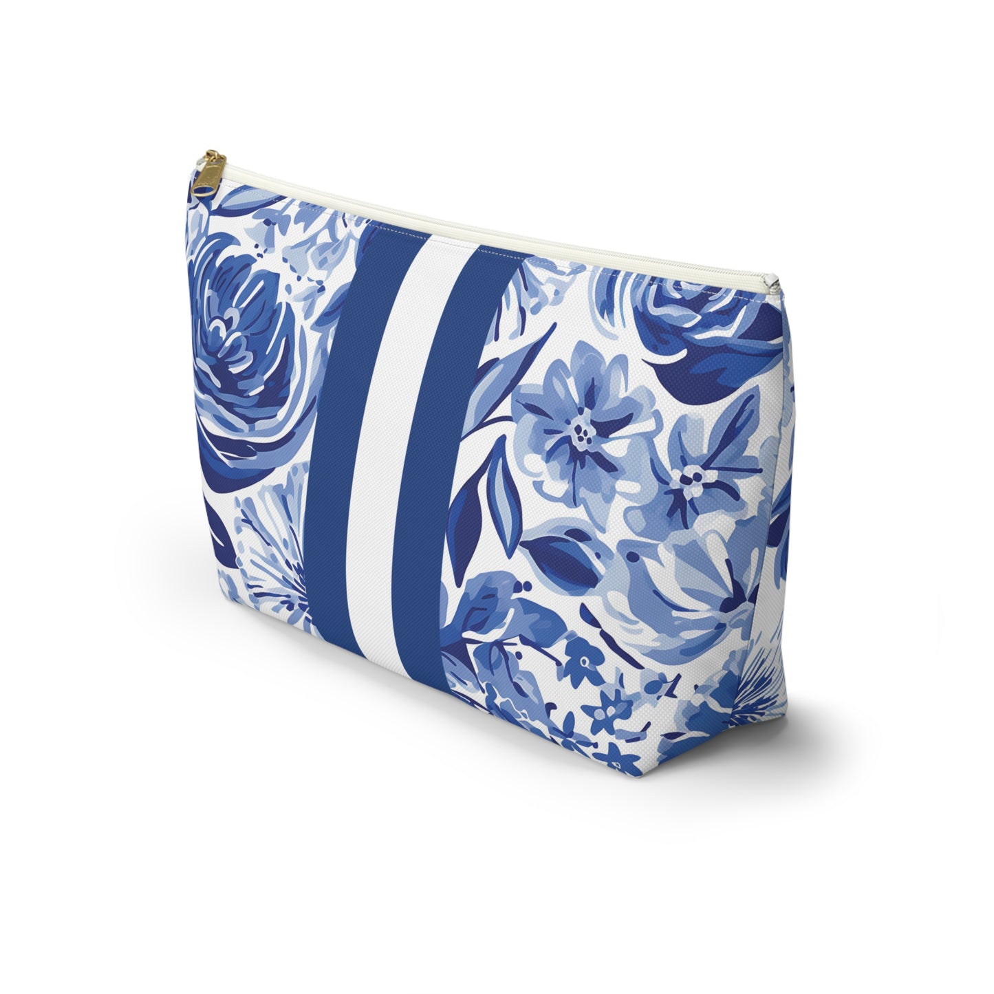 Blue floral patterned pouch with a white stripe on a white background
