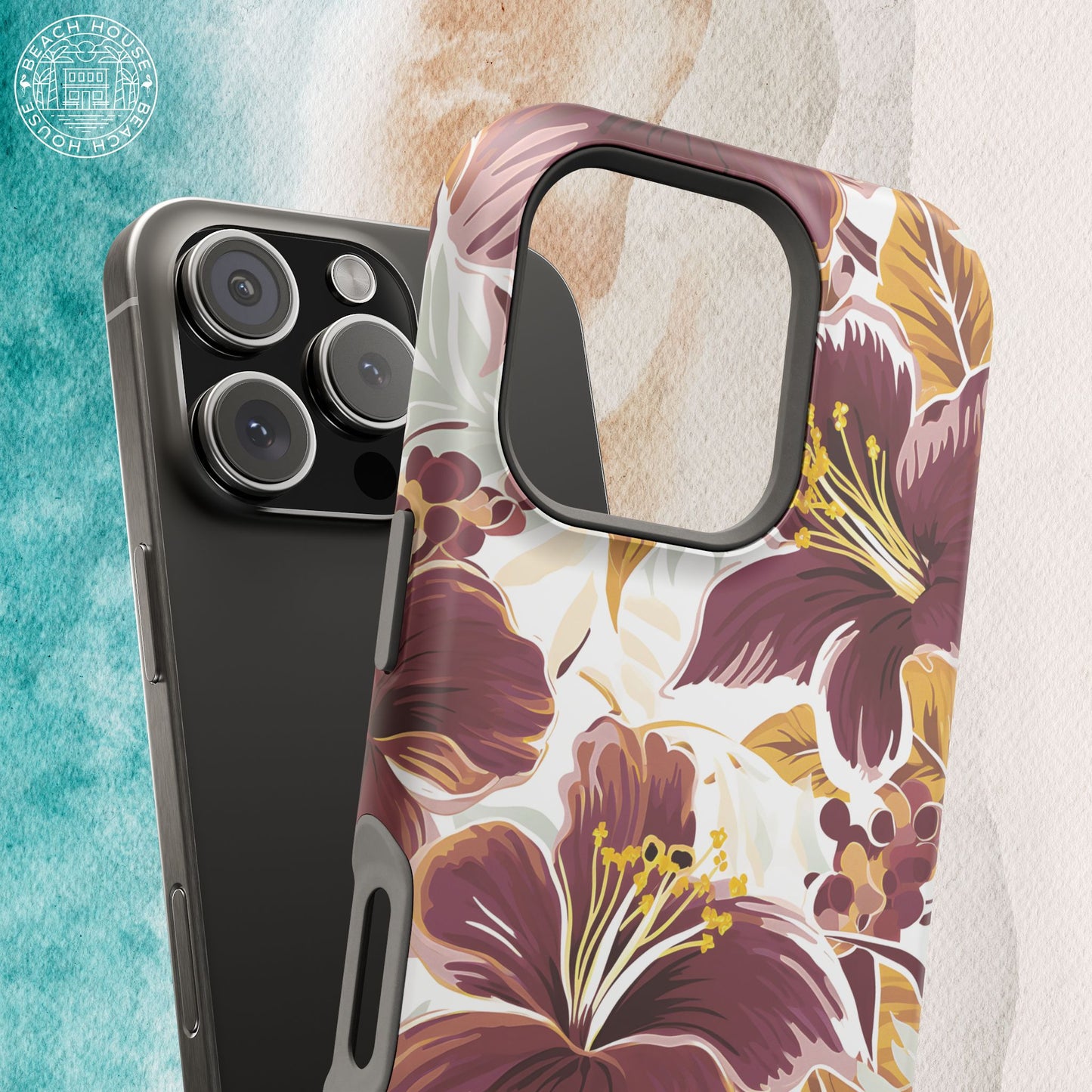 Tallahassee MagSafe Tough Case for iPhone with vibrant design, next to phone, on a beach inspired background