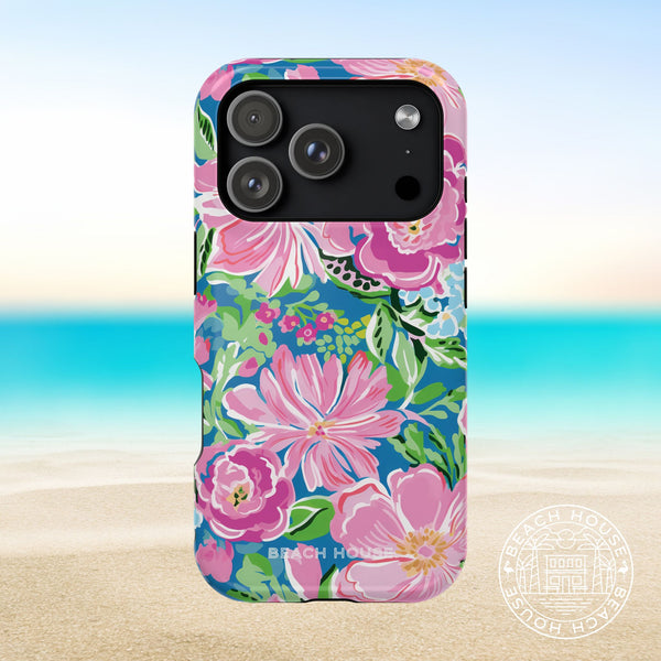 Madeira MagSafe Tough Case for iPhone 17 Pro with pink flowers on a beach background