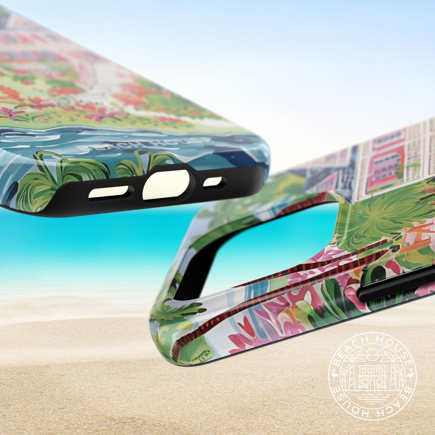 Views of bottom and top of the Charleston Tough Case for iPhone with floral design on a beach background