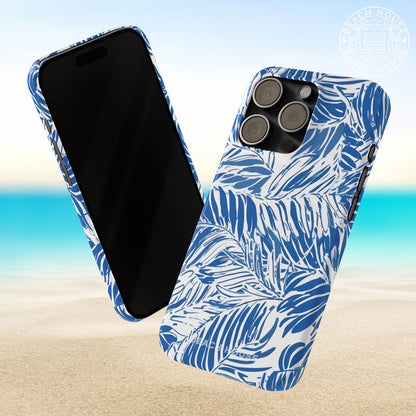 Front and back views of a blue and white Hampton Slim Case for iPhone on a beach background