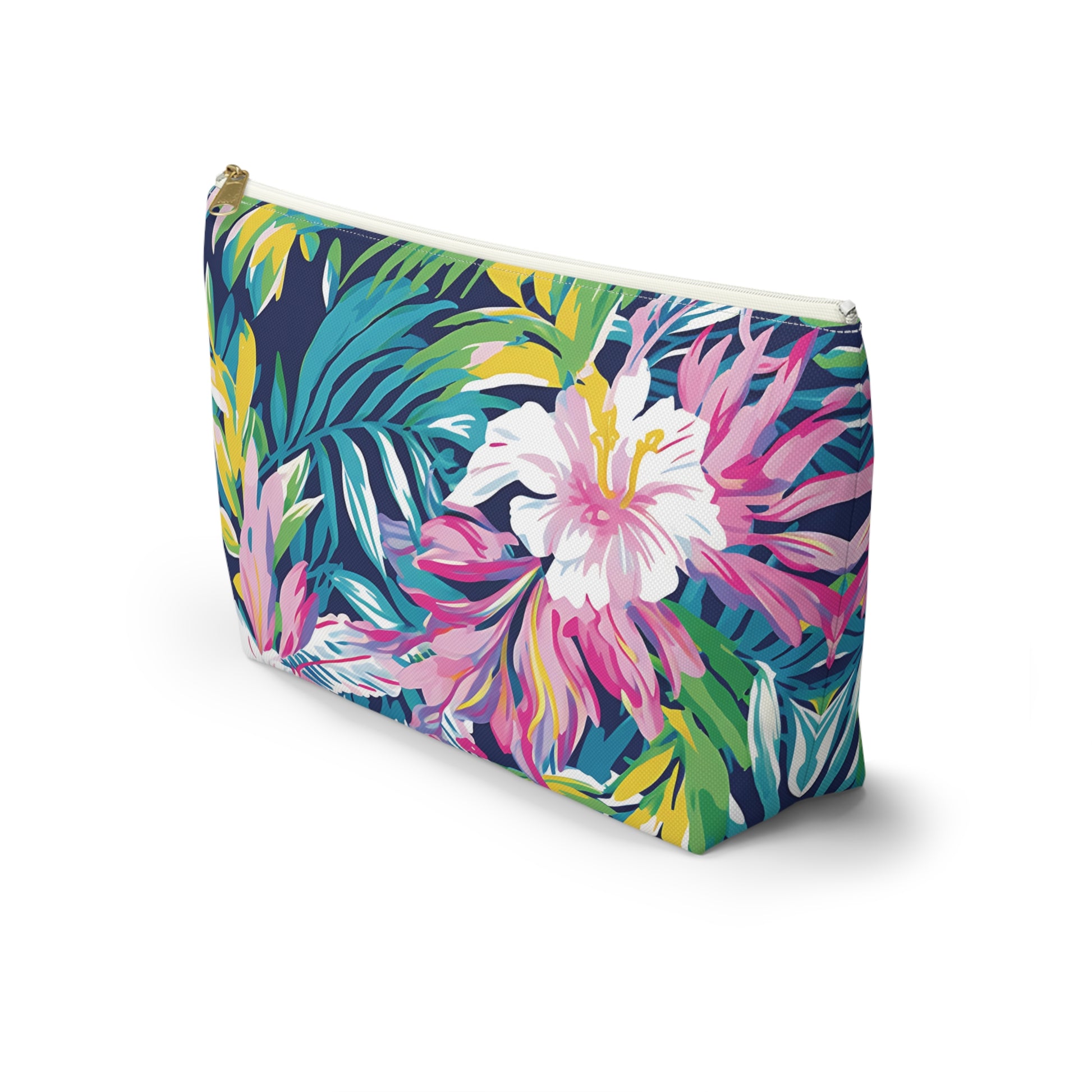 Cosmetic bag with tropical floral design on a white background