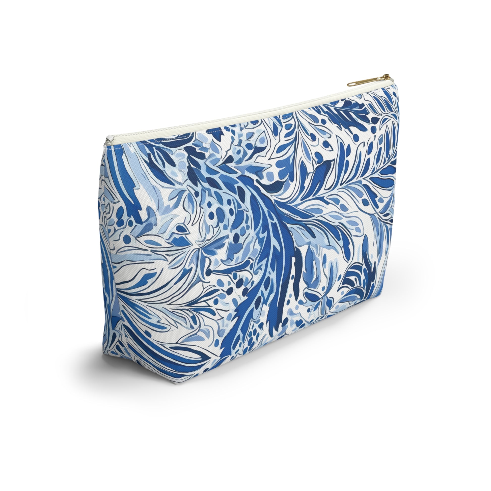 Blue and white floral patterned pouch on a white background