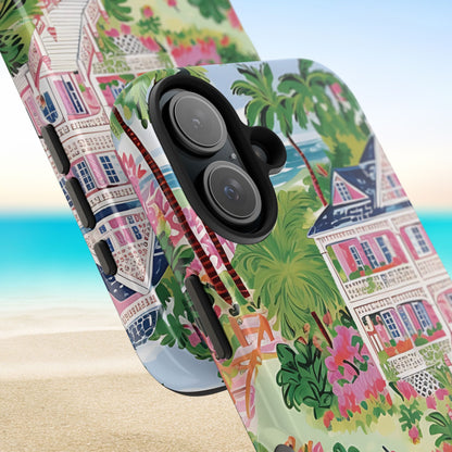 Close up views of the Charleston Tough Case for iPhone with colorful tropical design featuring houses and palm trees on a beach background