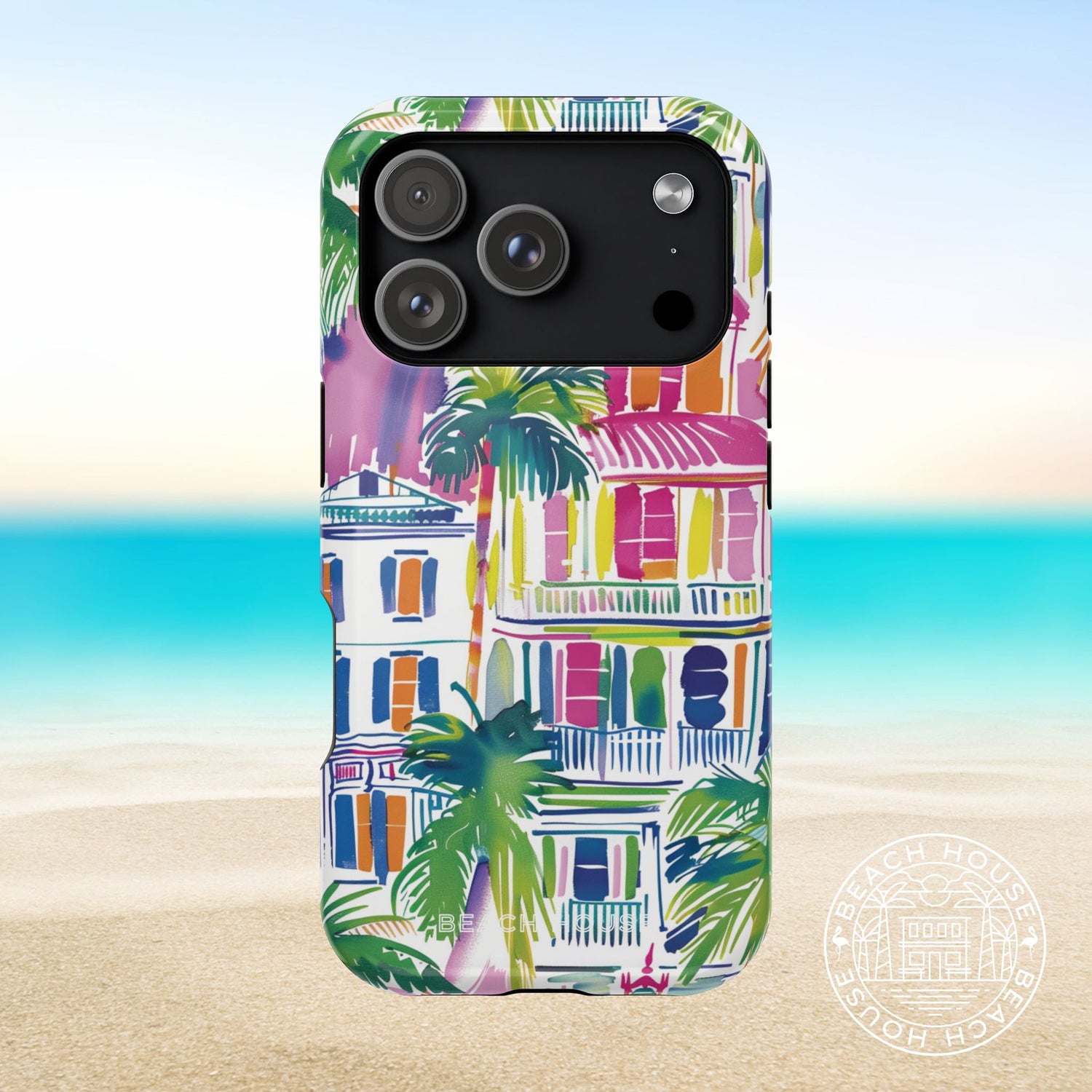 George Town MagSafe Tough Case for iPhone 17 Pro with colorful palm tree and building design on a beach background