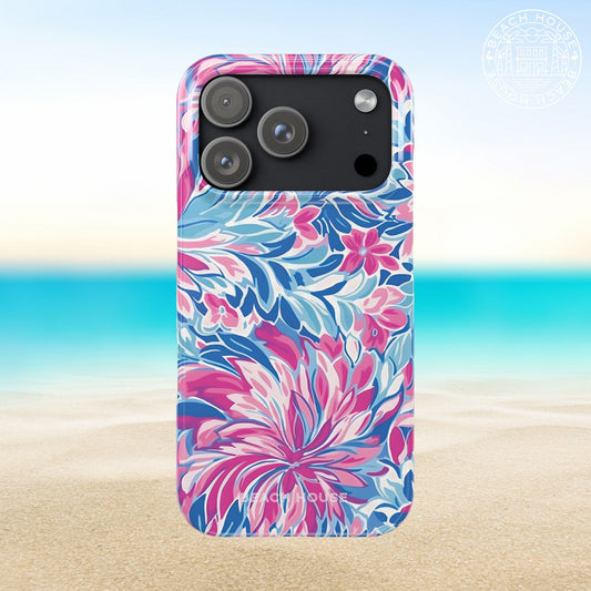 Destin Slim Case for iPhone 17 Pro with pink and blue floral pattern on a beach background