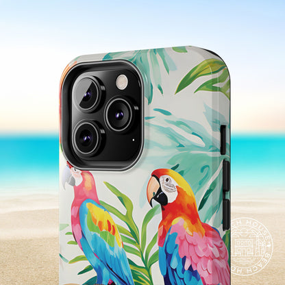 Close up view of the Copacabana Tough Case for iPhone with parrot design on a beach background