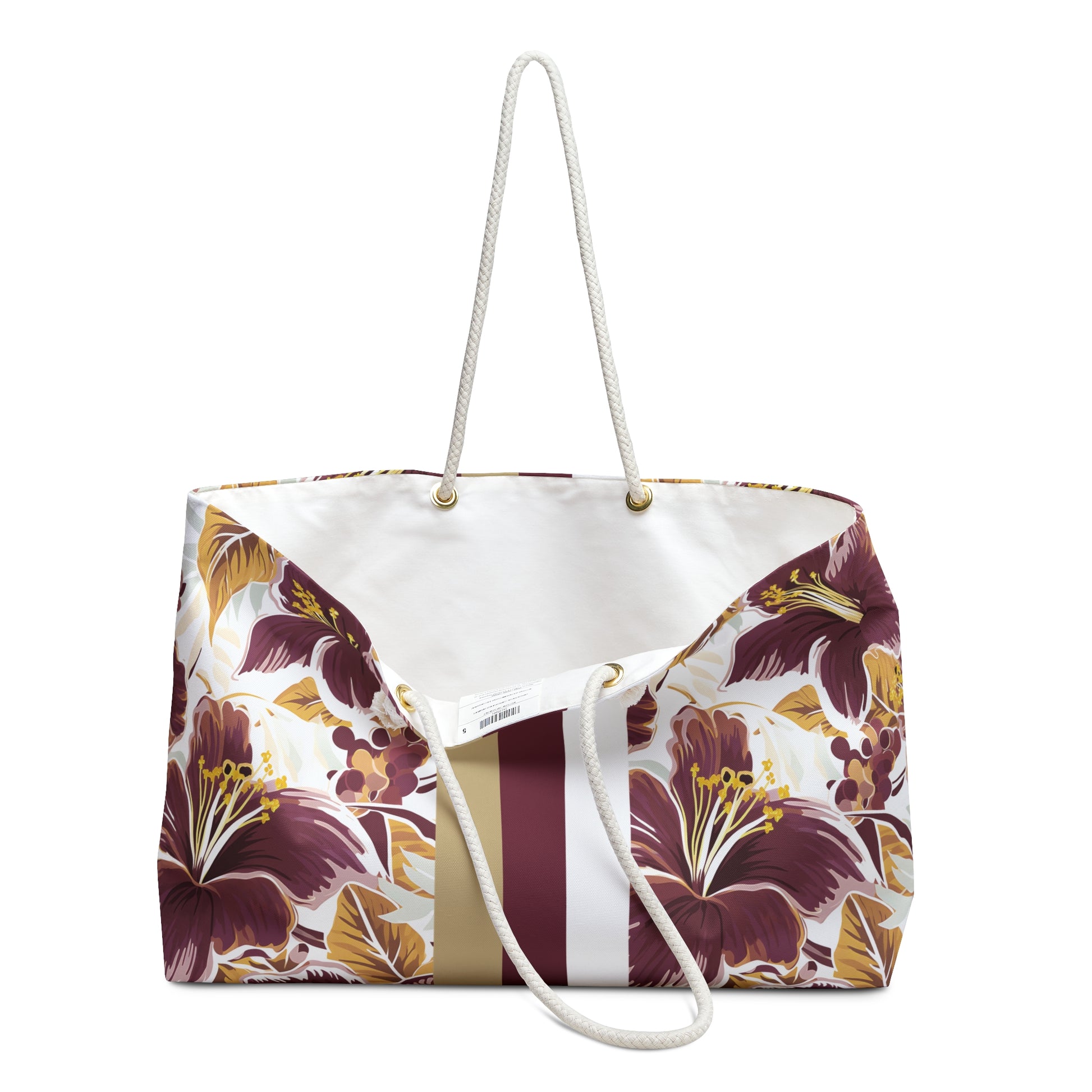 Floral-patterned tote bag with a white rope handles on a white background