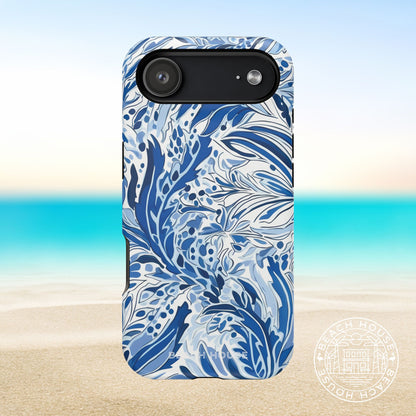 Nags Head MagSafe Tough Case for iPhone 17 Air with blue and white floral pattern on a beach background