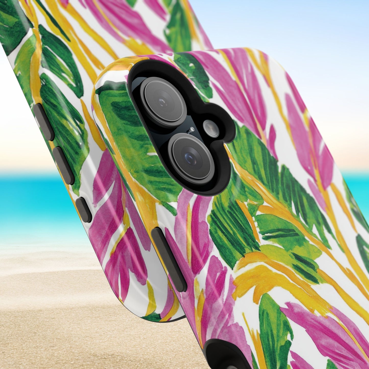 Colorful Naples MagSafe Tough Case for iPhone with leaf pattern on a beach background