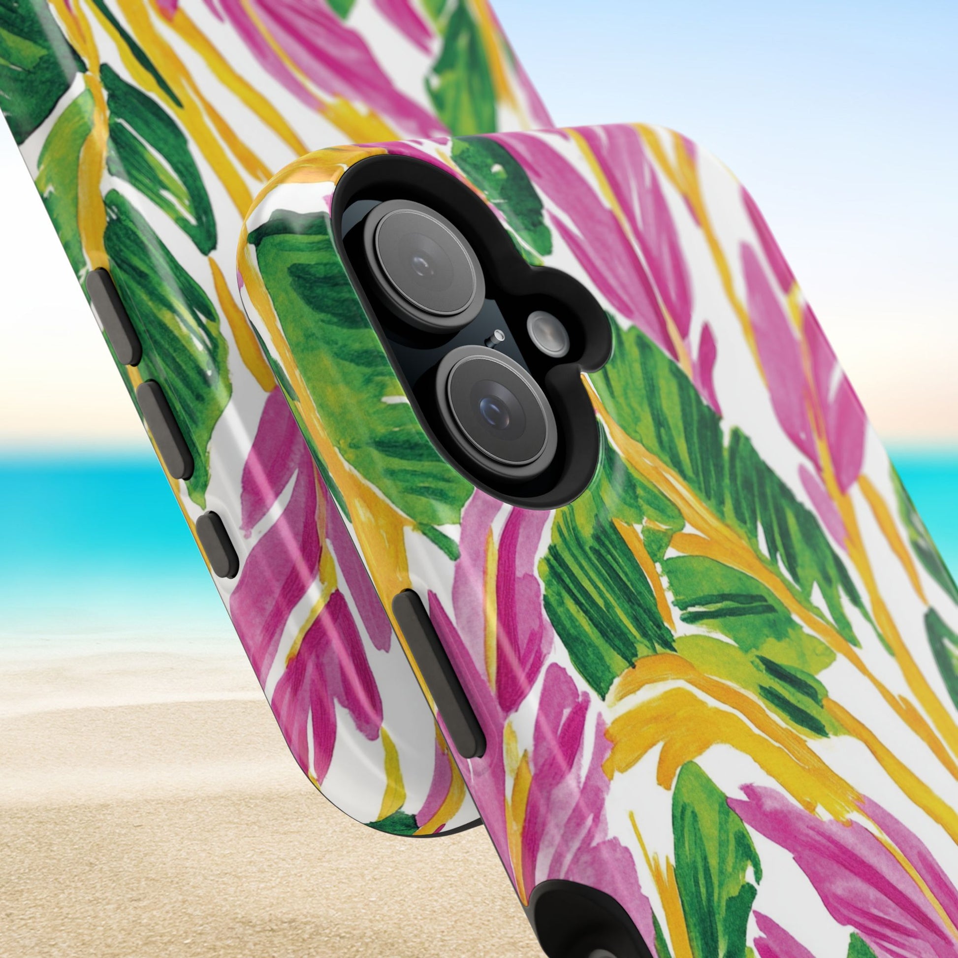 Colorful Naples MagSafe Tough Case for iPhone with leaf pattern on a beach background