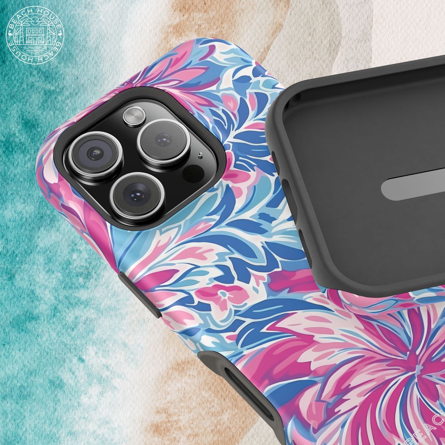Interior and Exterior views of the Destin MagSafe Tough Case for iPhone with colorful floral pattern on a textured surface