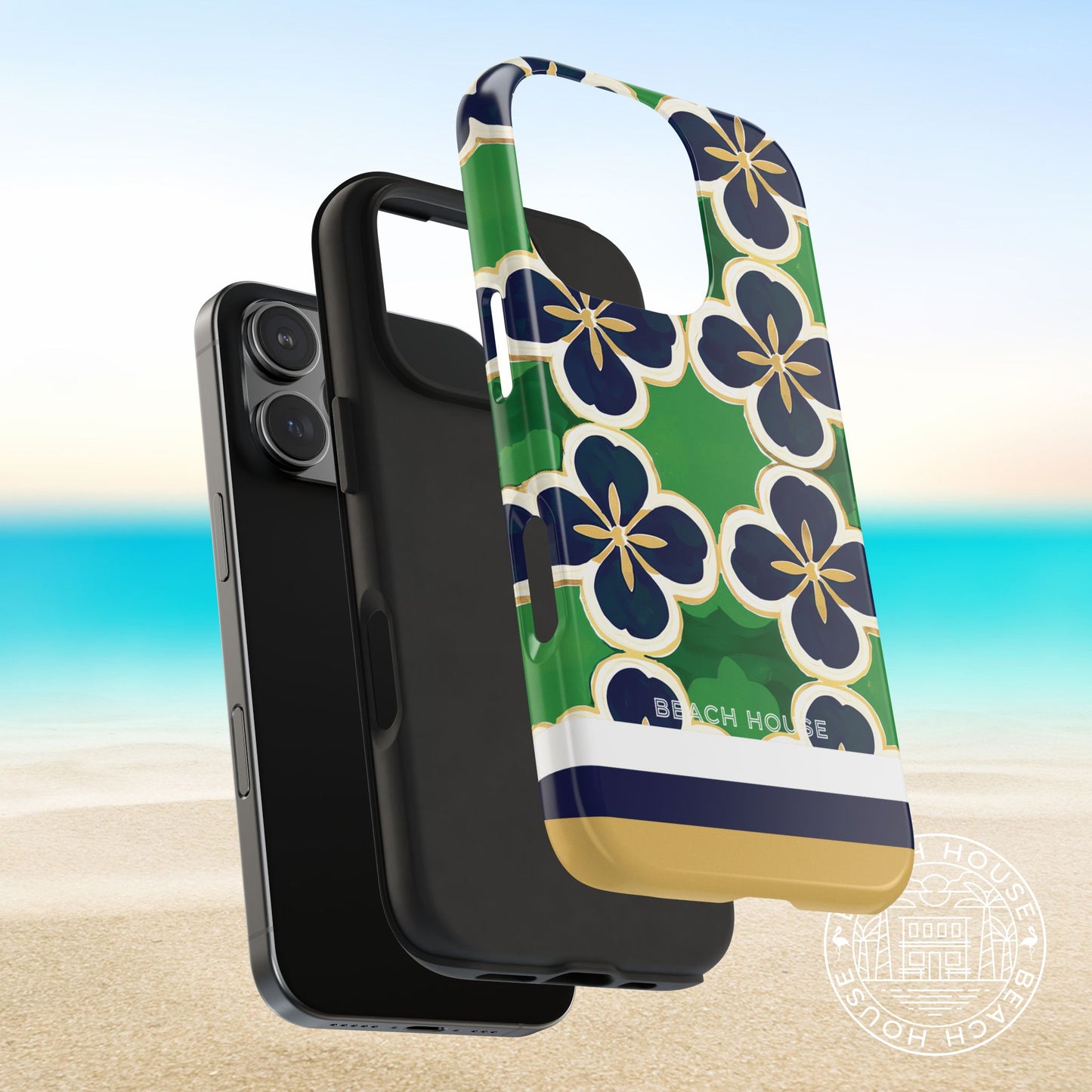 Layers of the South Bend Tough Case for iPhone with floral design on a beach background