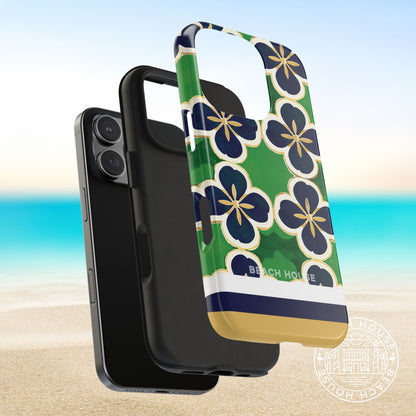 Layers of the South Bend Tough Case for iPhone with floral design on a beach background