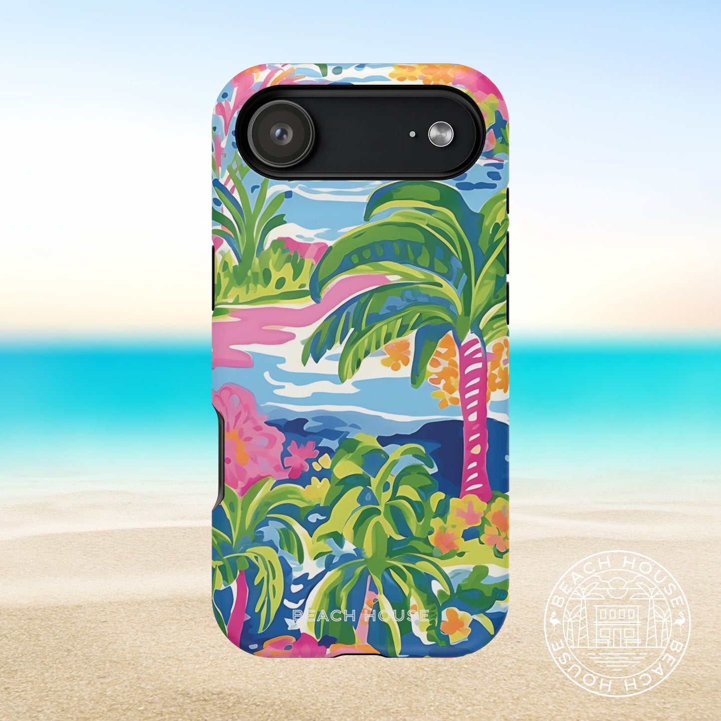 Kiawah MagSafe Tough Case for iPhone 17 Air with tropical design on a beach background