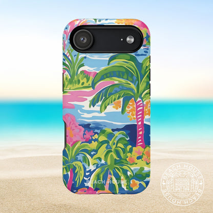 Kiawah MagSafe Tough Case for iPhone 17 Air with tropical design on a beach background