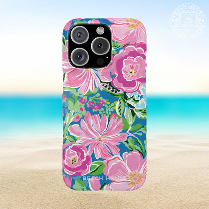 Floral Madeira Slim Case for iPhone with pink flowers on a beach background