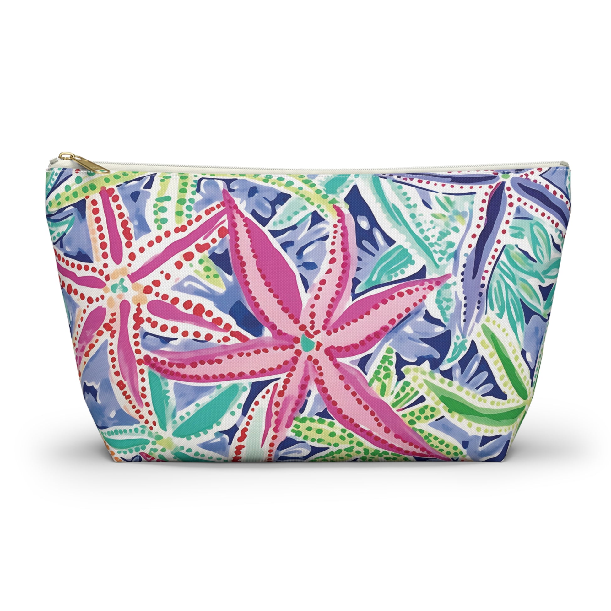 Colorful starfish patterned pouch on a white background