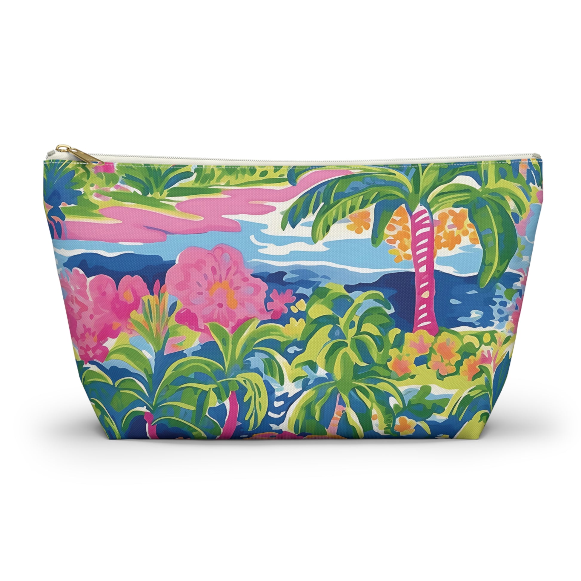 Colorful pouch with tropical design featuring palm trees and flowers on a white background