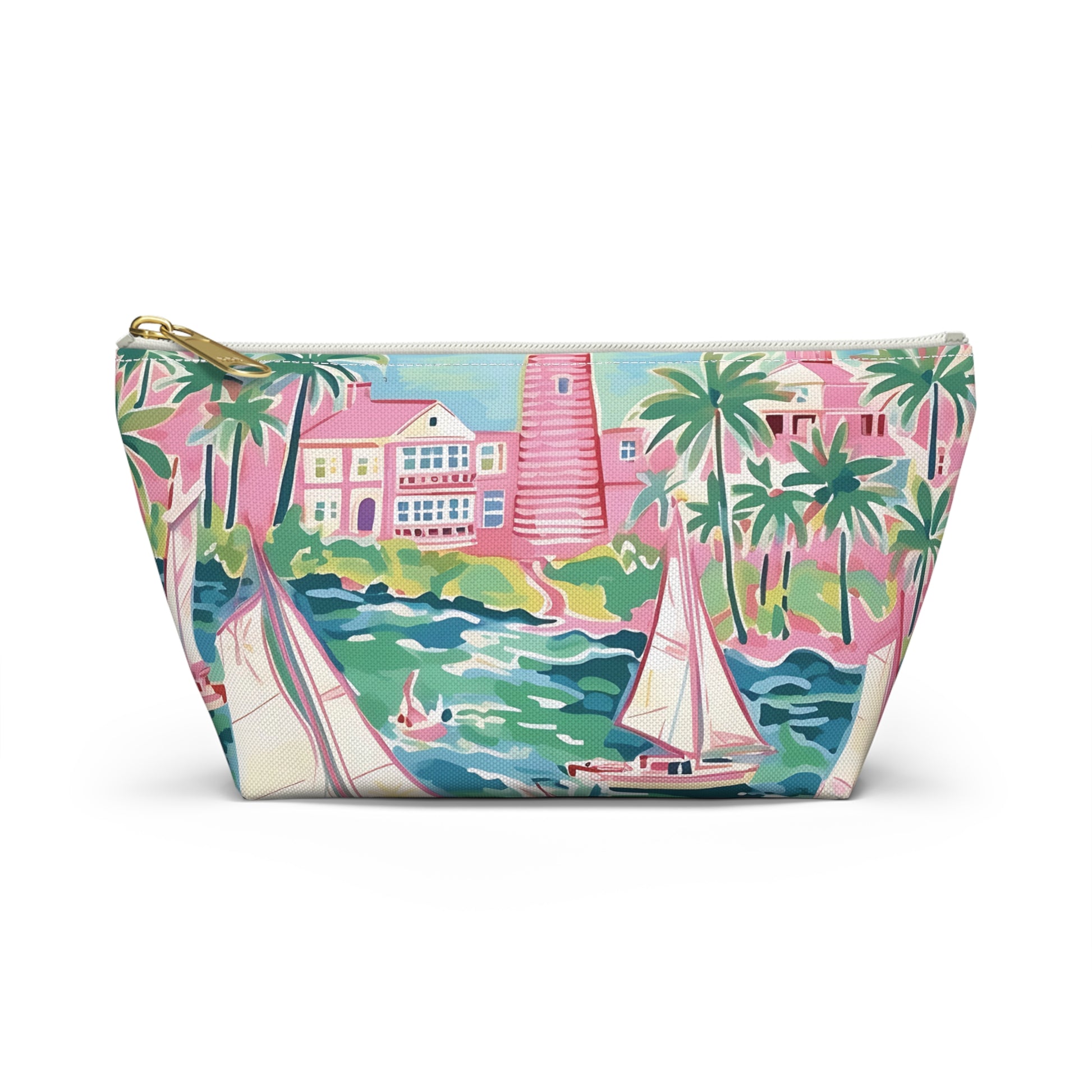 Pouch with tropical design featuring houses, palm trees, and a lighthouse on a white background